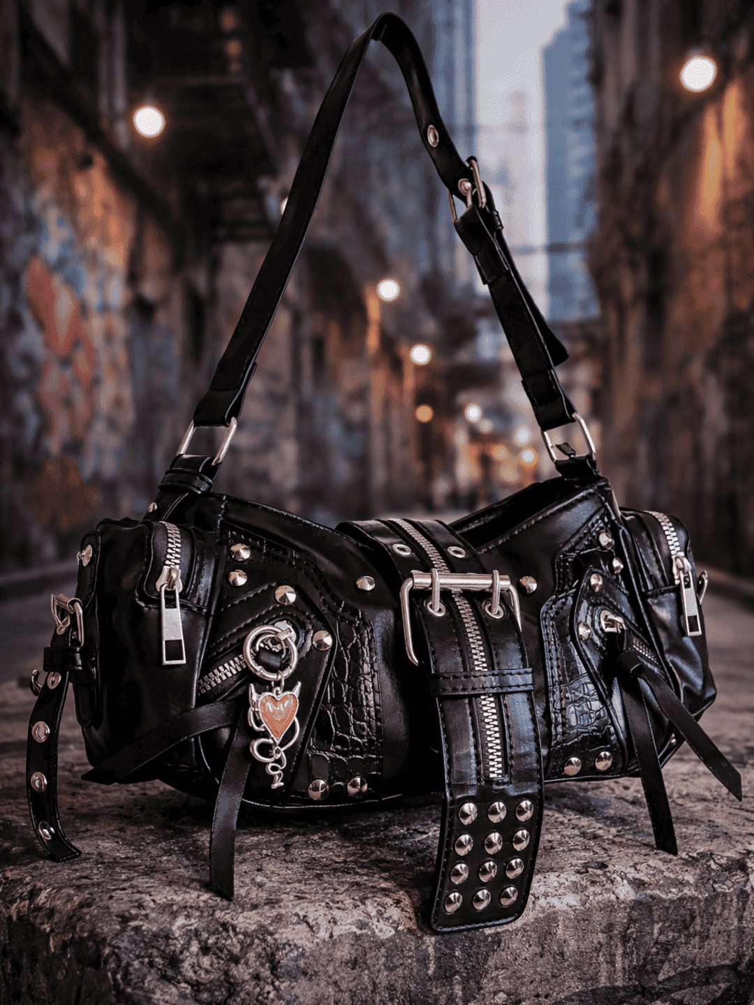 Dark Love ❤️ – Y2K Gothic Rock Black Bag with Studs and Rebel