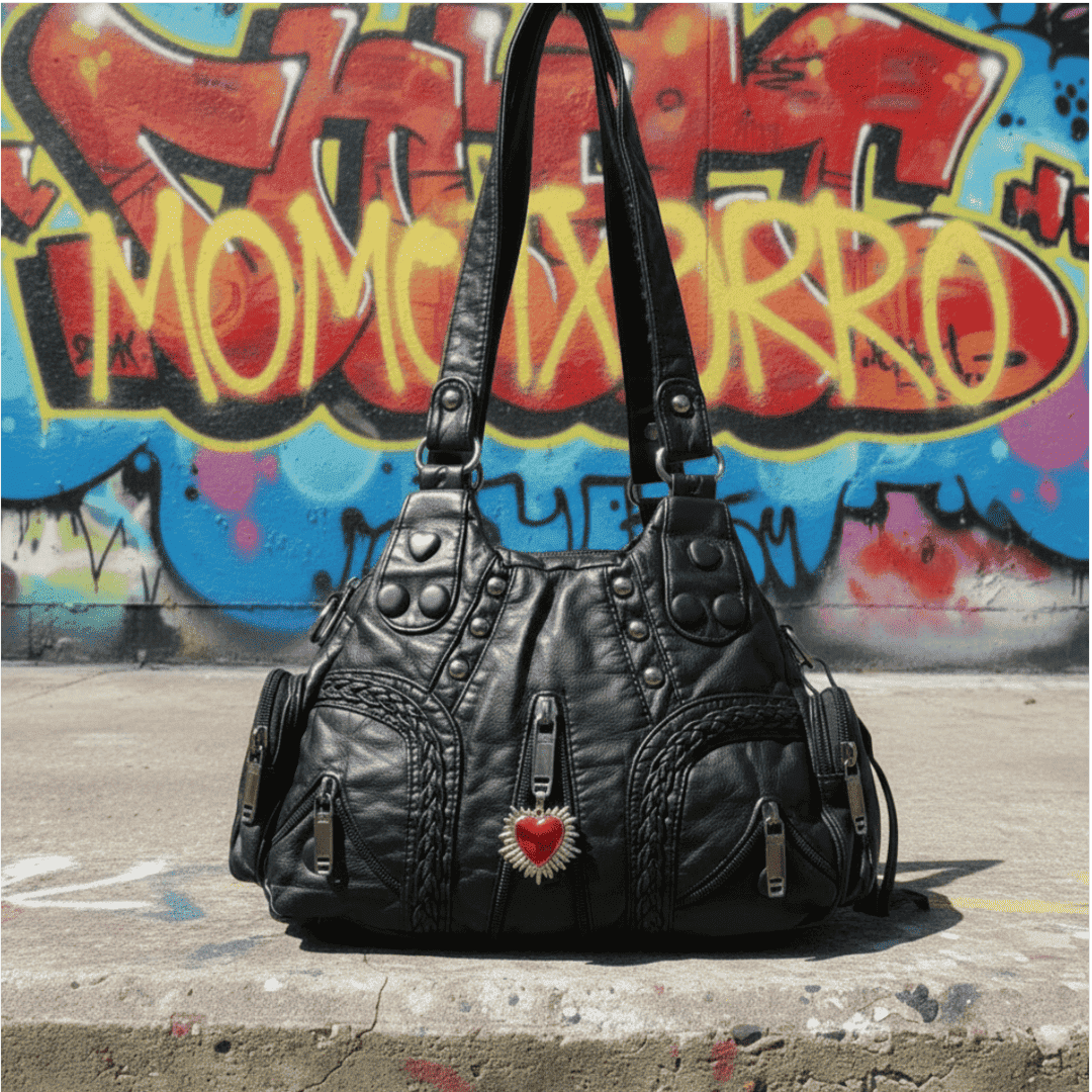 Urban Flame 🔥 – Y2K black bag with studs, braiding and a red