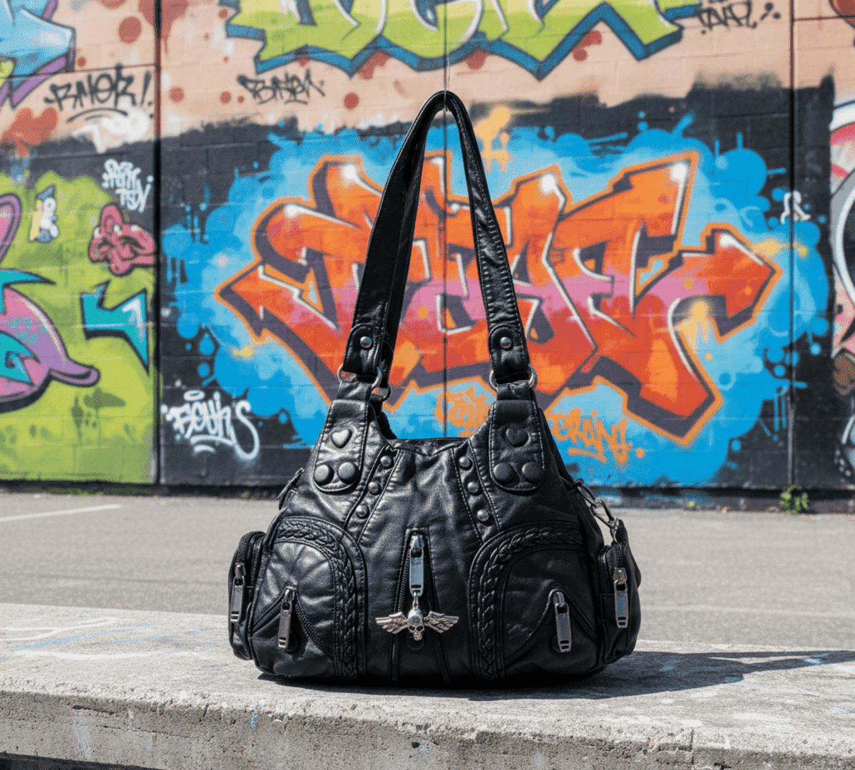 Urban Winged Skull 💀 – Y2K Gothic Black Bag with Winged Skull
