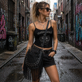 Bolso negro Y2K con remaches plateados y flecos largos