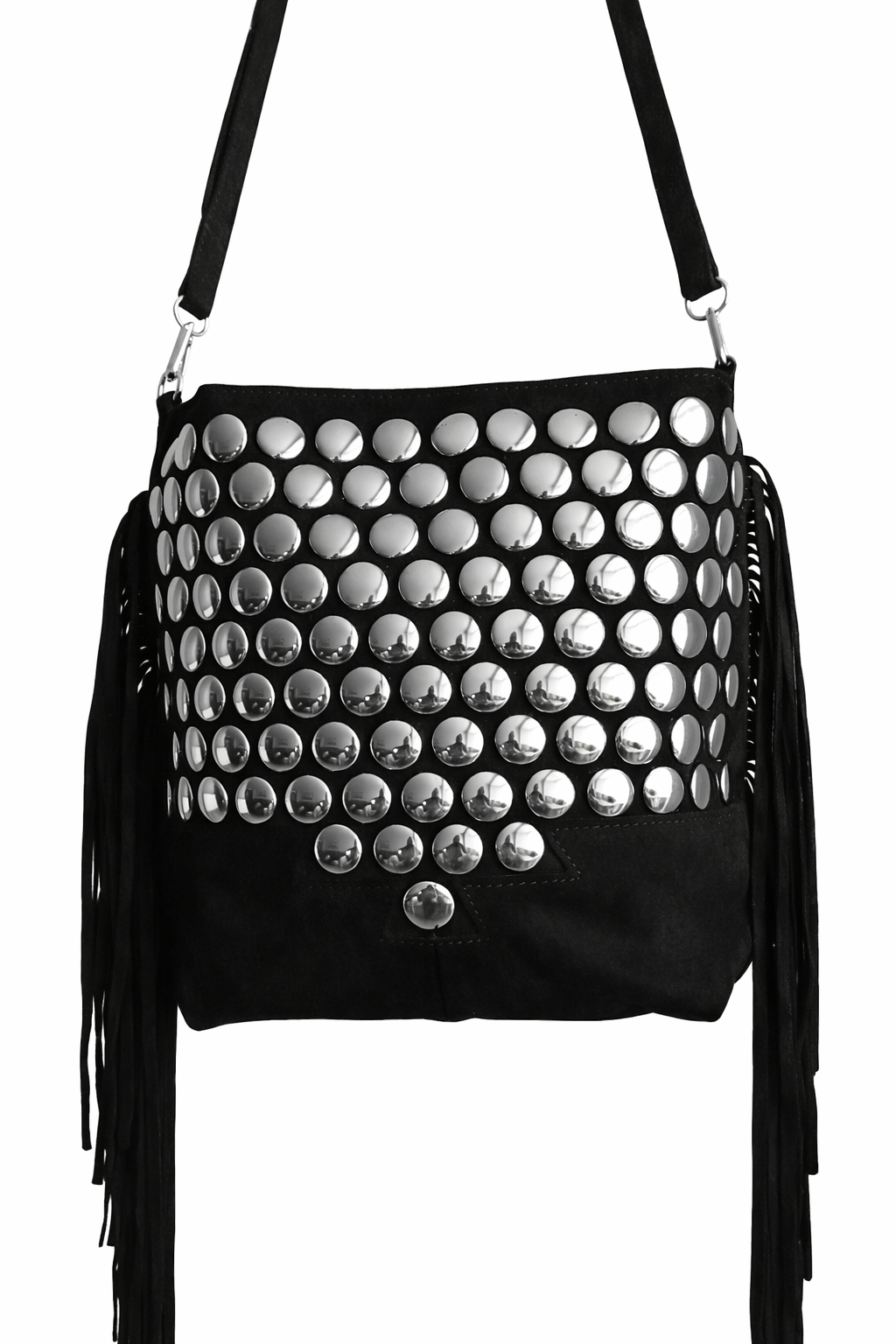 Bolso negro Y2K con remaches plateados y flecos largos