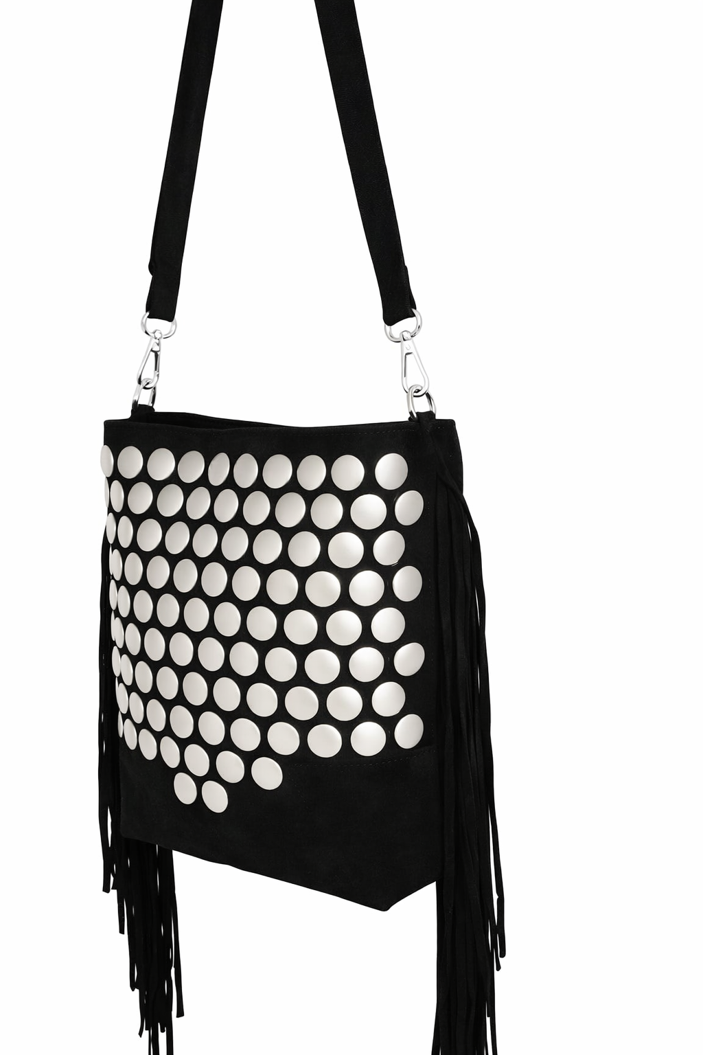 Bolso negro Y2K con remaches plateados y flecos largos