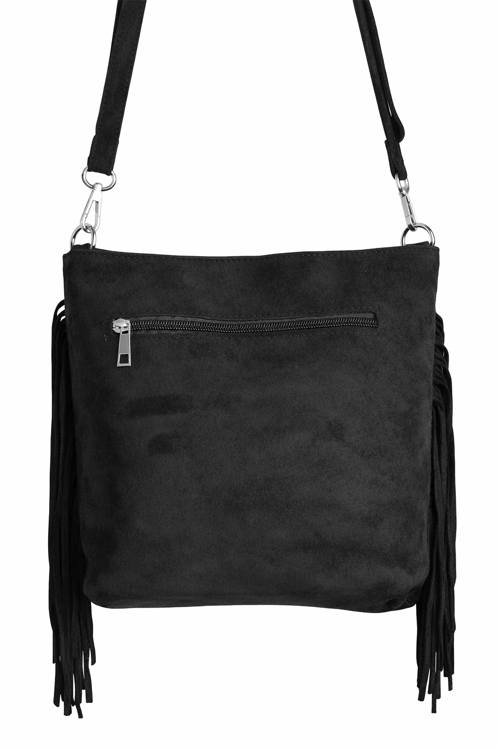 Bolso negro Y2K con remaches plateados y flecos largos
