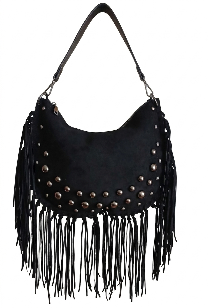 Bolso negro Y2K con remaches plateados y flecos largos