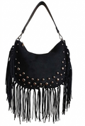 Bolso negro Y2K con remaches plateados y flecos largos
