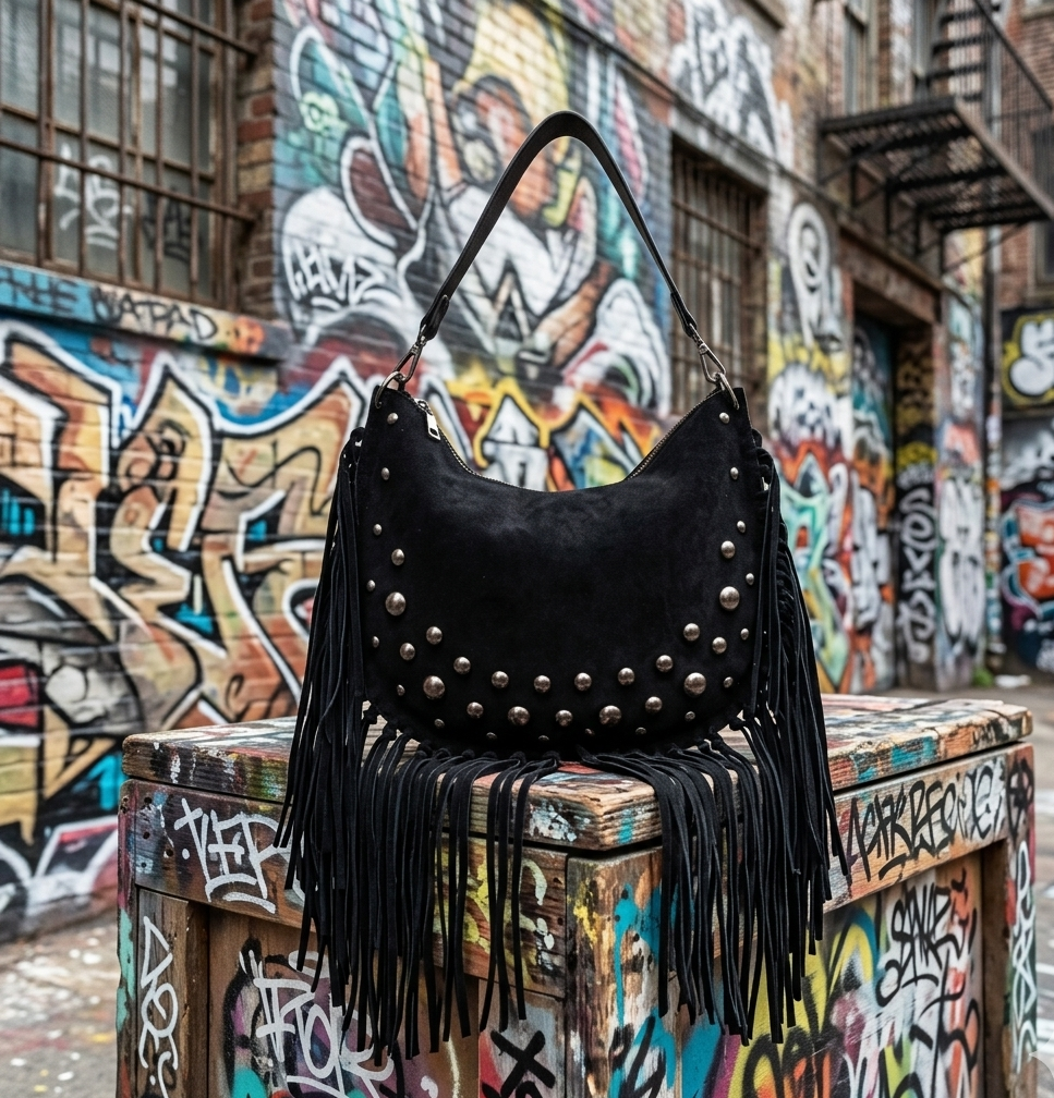 Bolso negro Y2K con remaches plateados y flecos largos