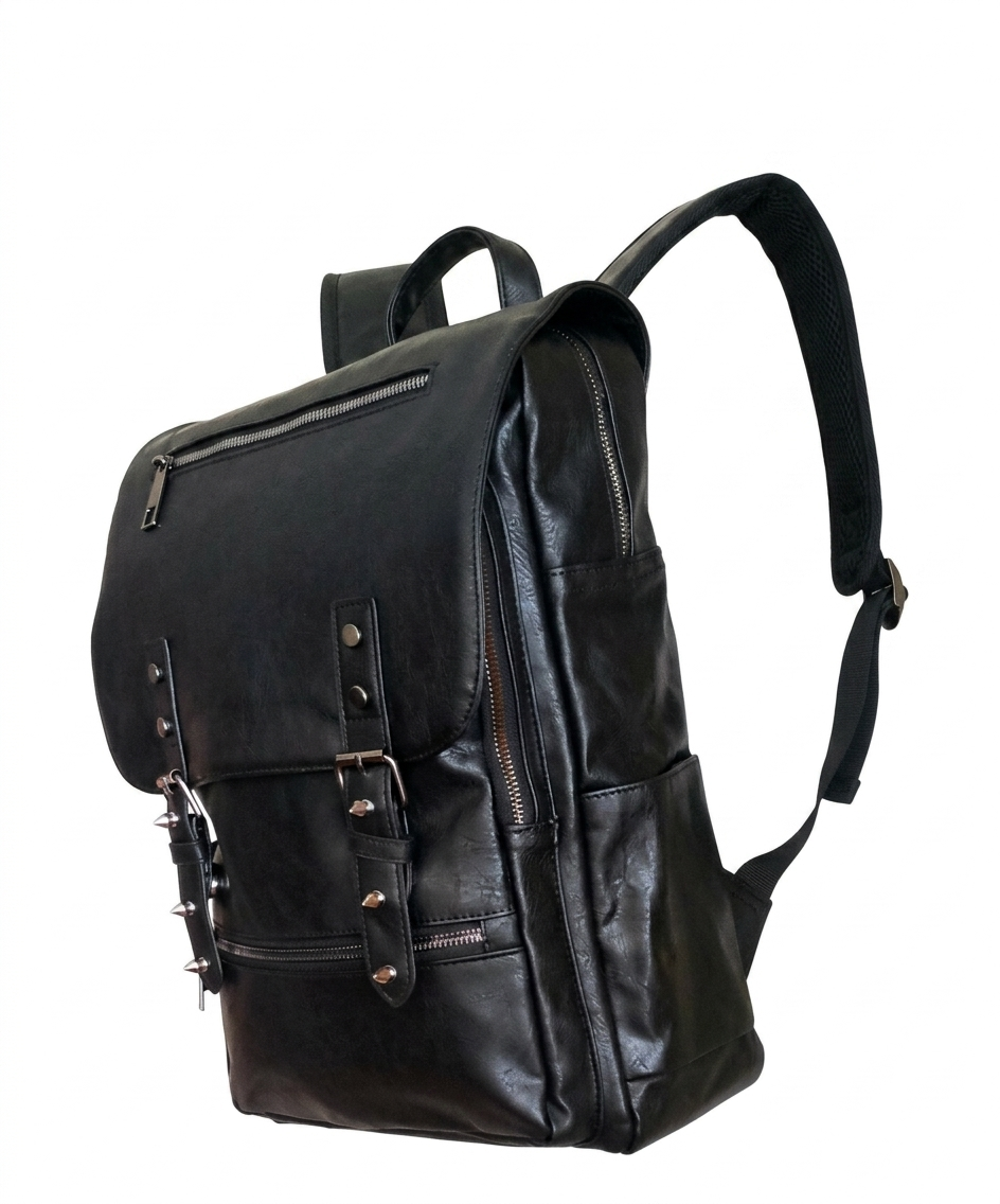 Mochila negra Y2K con pinchos plateados y múltiples compartimentos