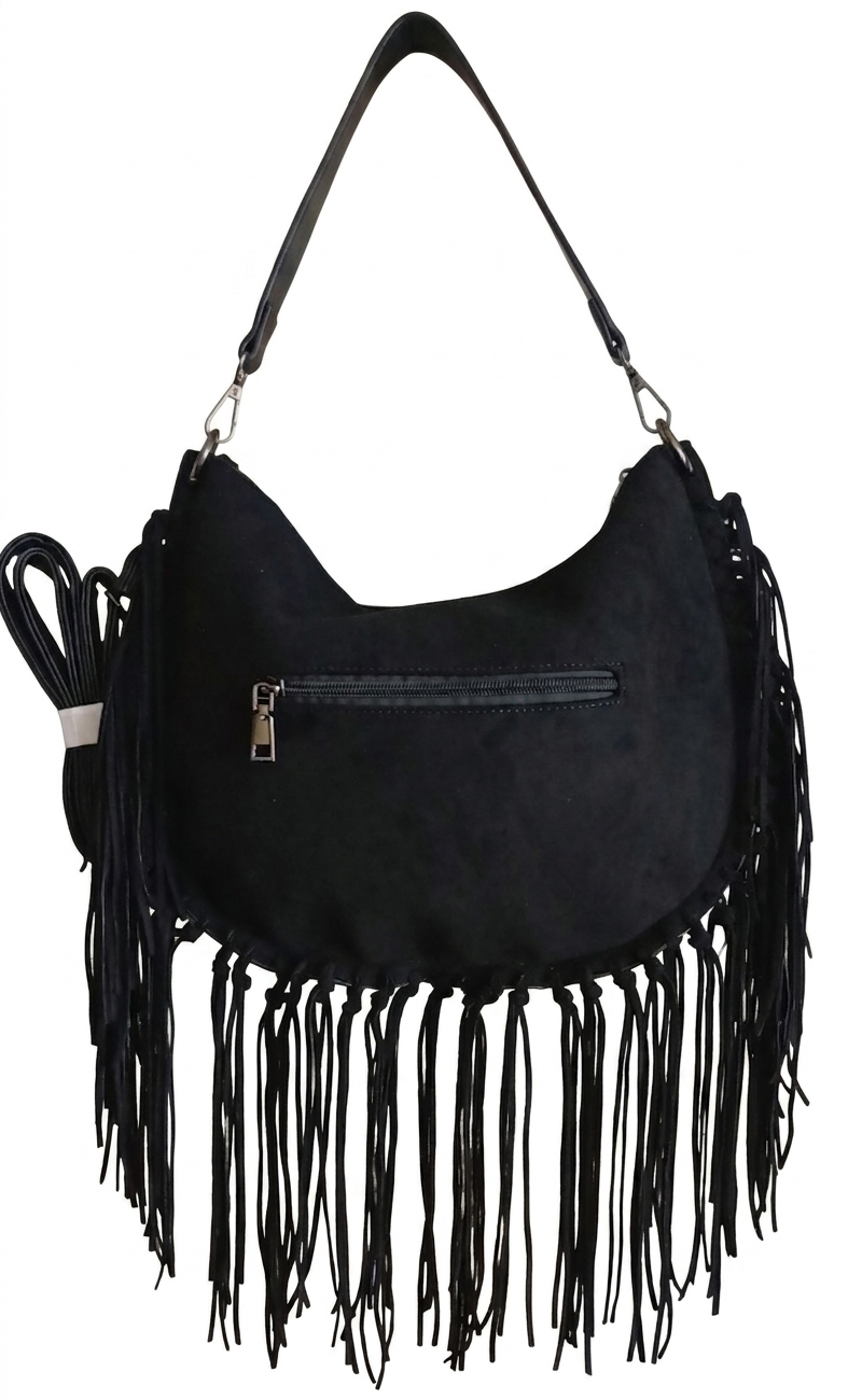 Bolso negro Y2K con remaches plateados y flecos largos