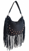 Bolso negro Y2K con remaches plateados y flecos largos
