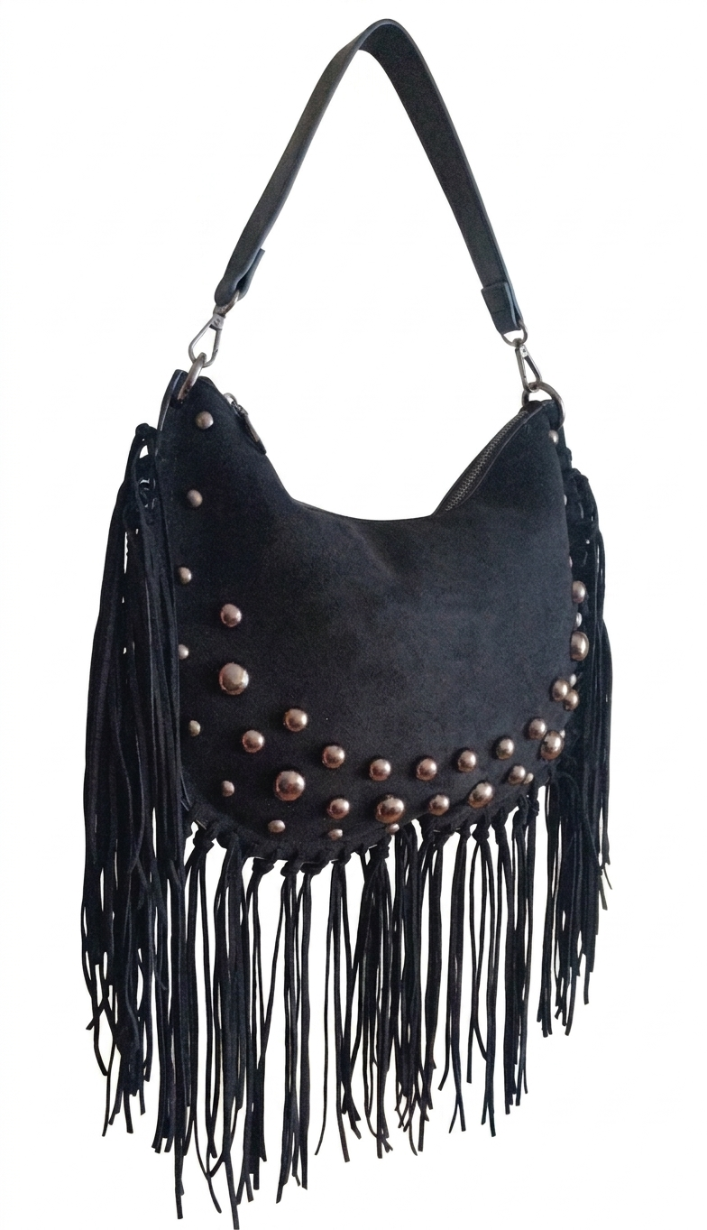 Bolso negro Y2K con remaches plateados y flecos largos