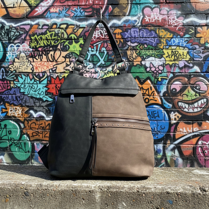 Mochila antirrobo negra y gris Y2K con detalles metálicos plata