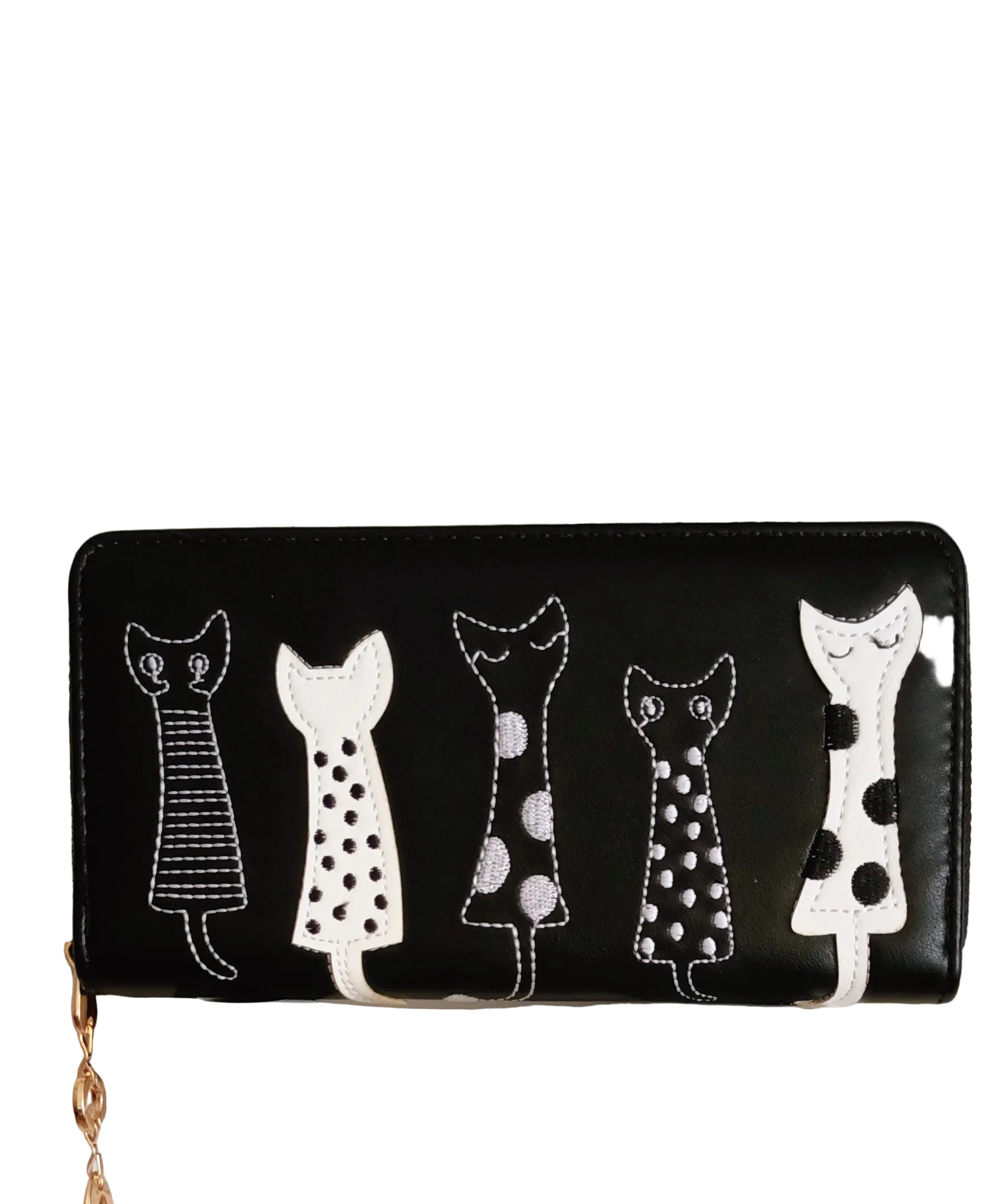 Cartera negra Y2K con detalles dorados y adorno de gatos