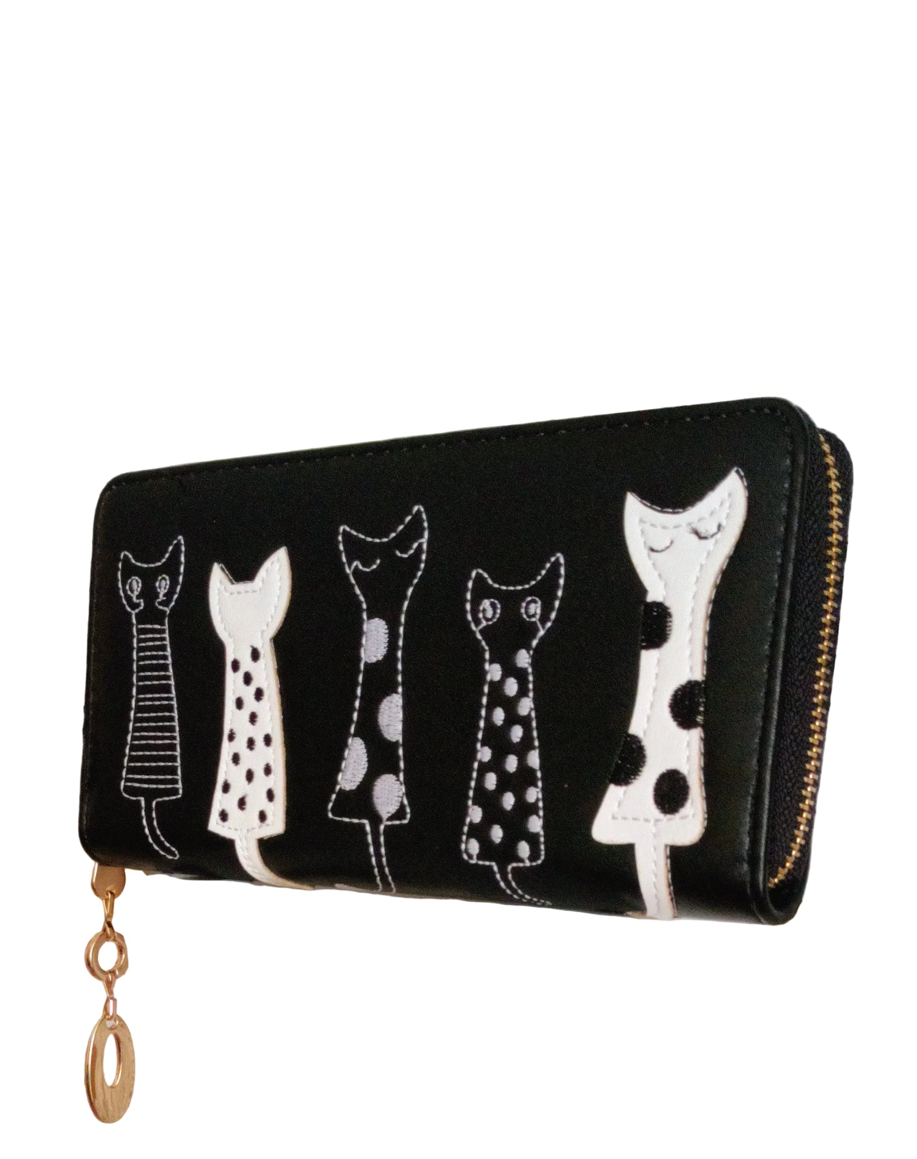 Cartera negra Y2K con detalles dorados y adorno de gatos