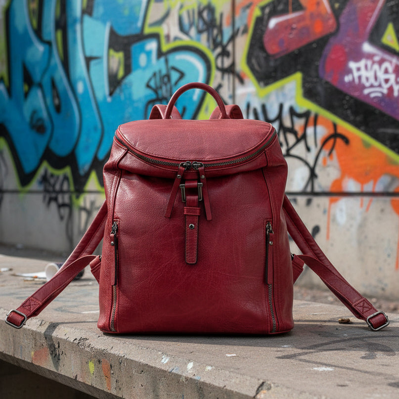 Mochila granate Y2K con detalles plateados y múltiples compartimentos