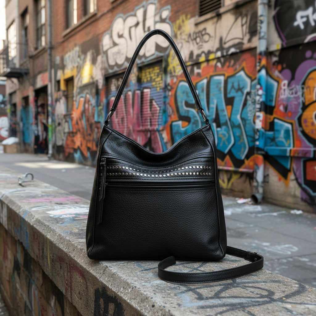 Bolso negro Y2K con cremalleras y detalles metálicos