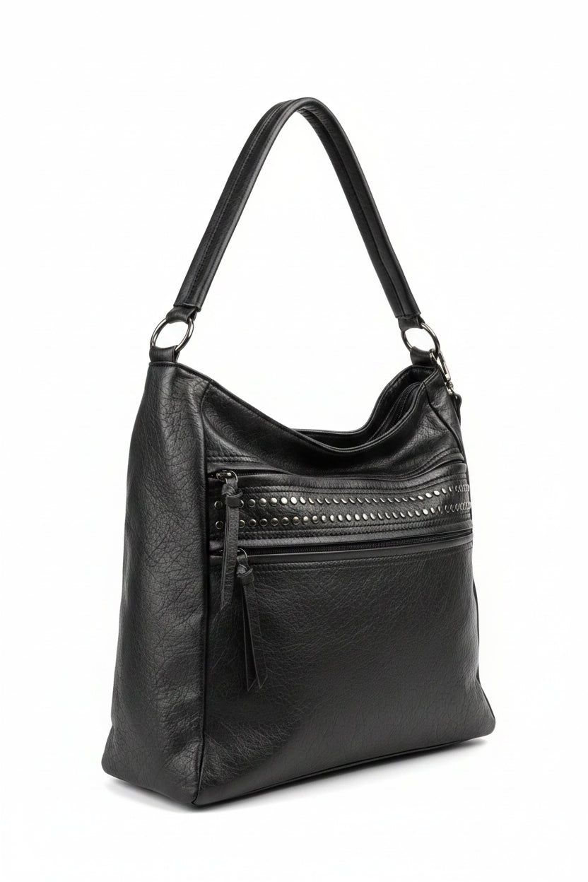 Bolso negro Y2K con cremalleras y detalles metálicos