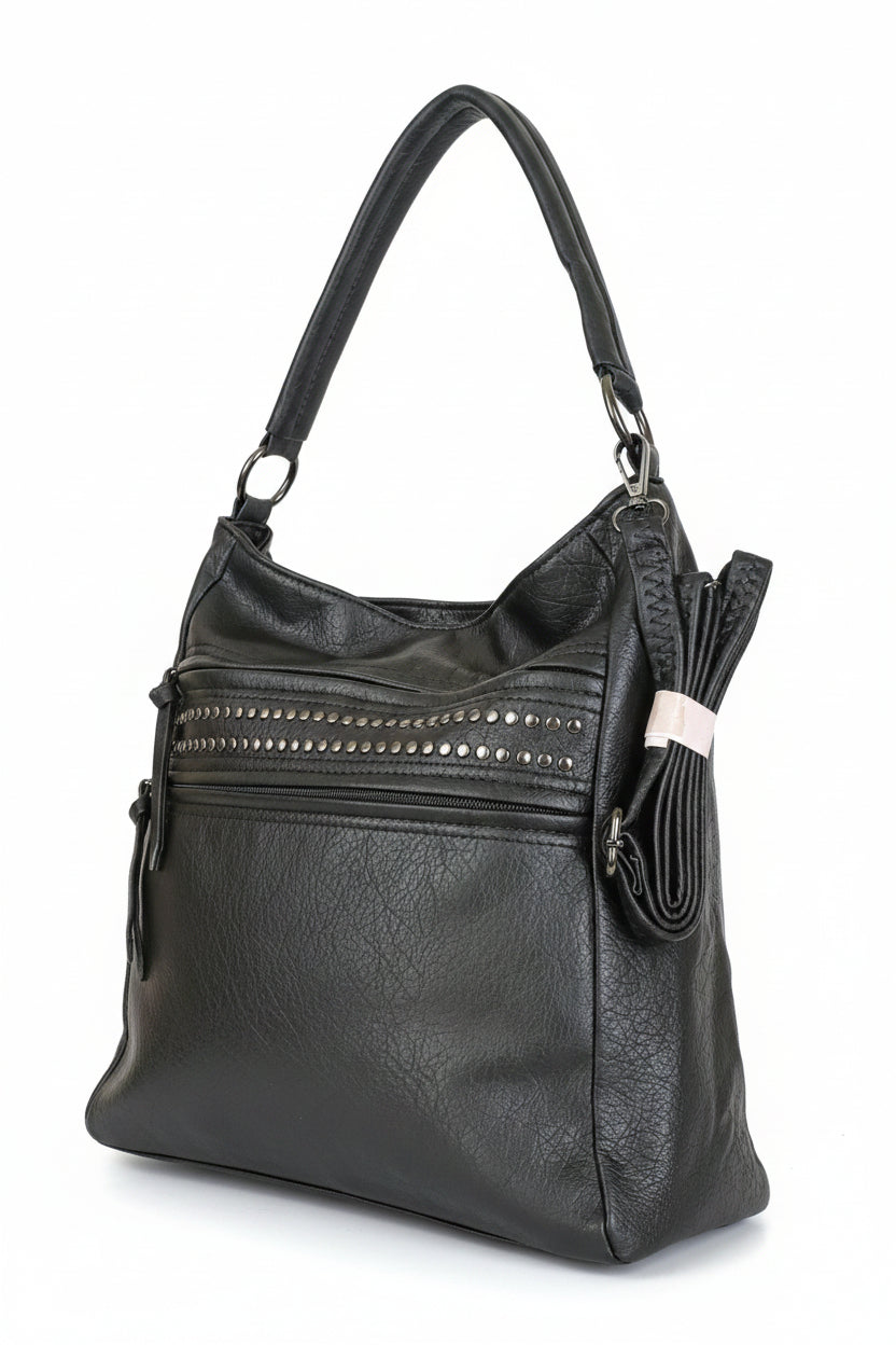 Bolso negro Y2K con cremalleras y detalles metálicos