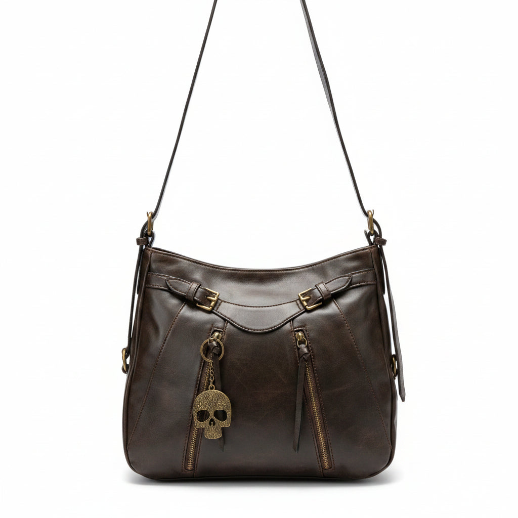 Bolso marrón oscuro Y2K con calavera y herrajes oro viejo