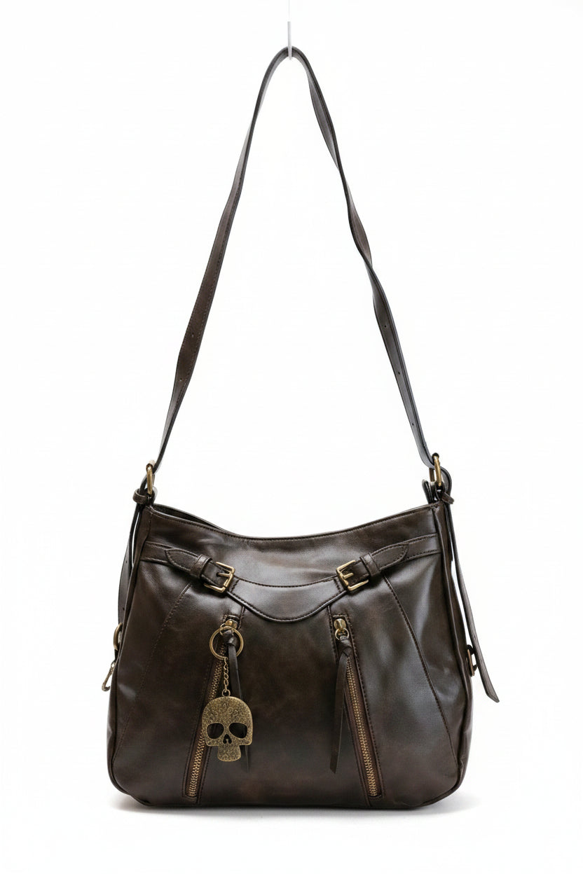Bolso marrón oscuro Y2K con calavera y herrajes oro viejo