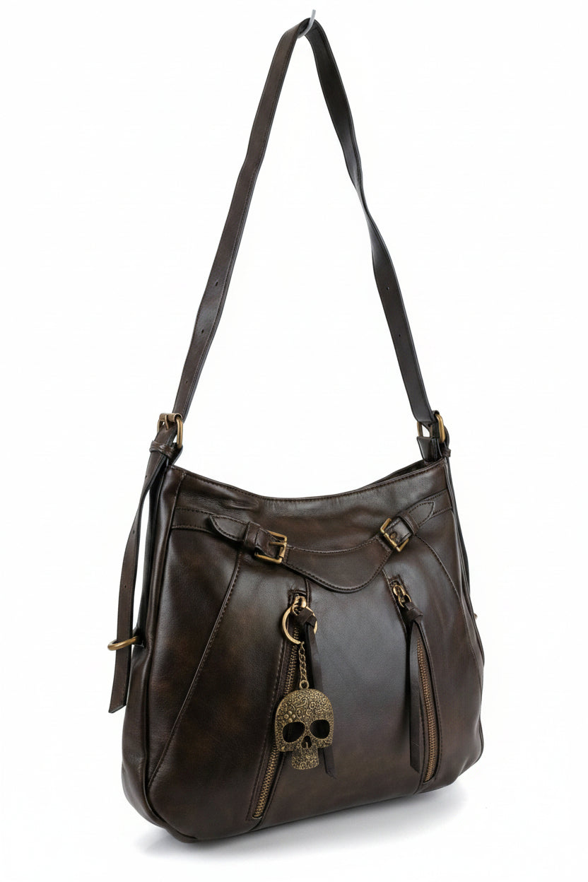 Bolso marrón oscuro Y2K con calavera y herrajes oro viejo