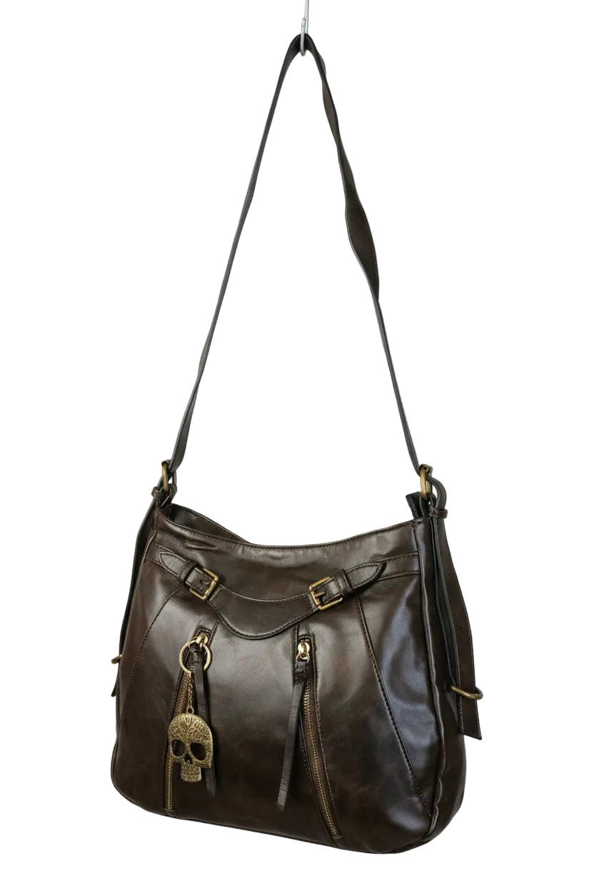Bolso marrón oscuro Y2K con calavera y herrajes oro viejo