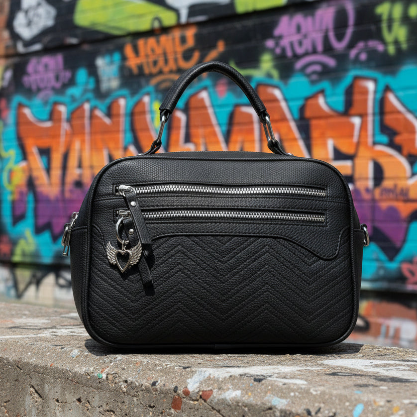 Bolso negro Y2K con corazón alado y detalles metálicos