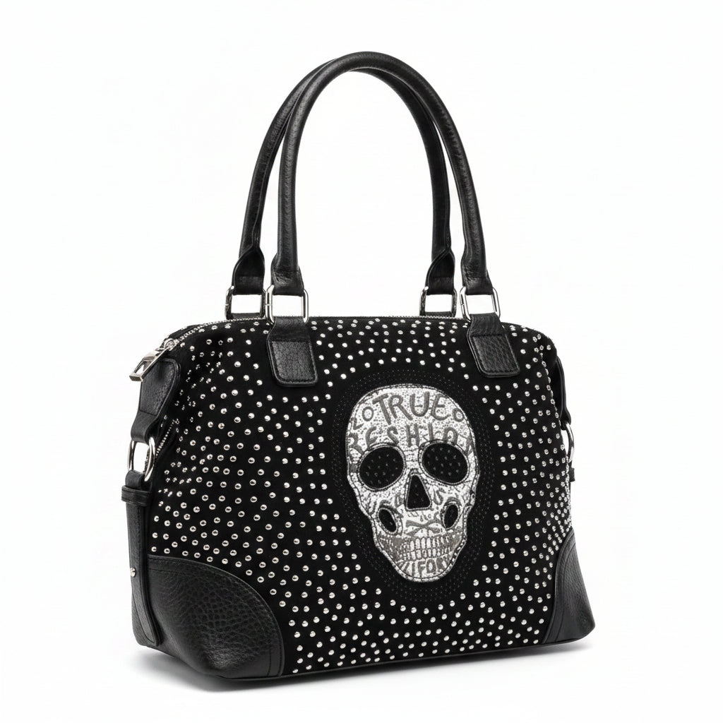Bolso negro Y2K con calavera y tachuelas plateadas