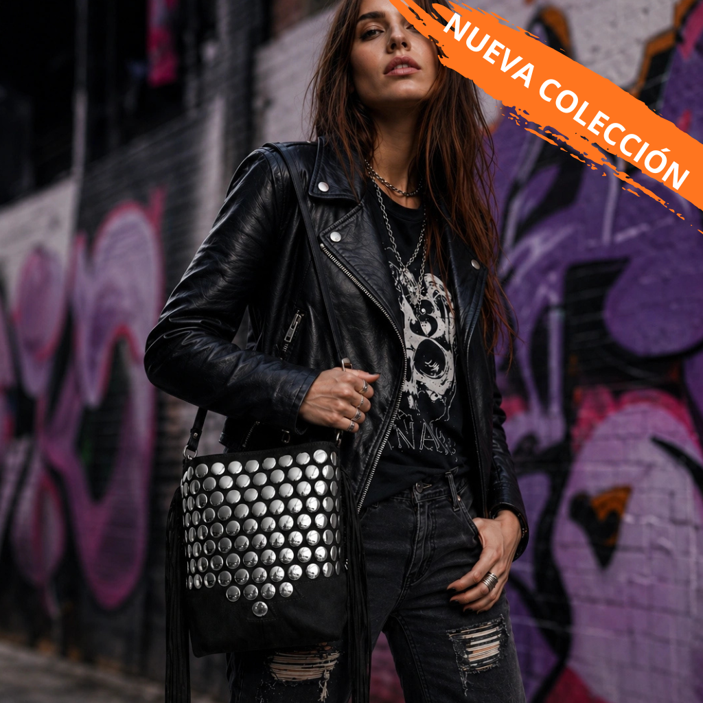 Bolso negro Y2K con remaches plateados y flecos largos