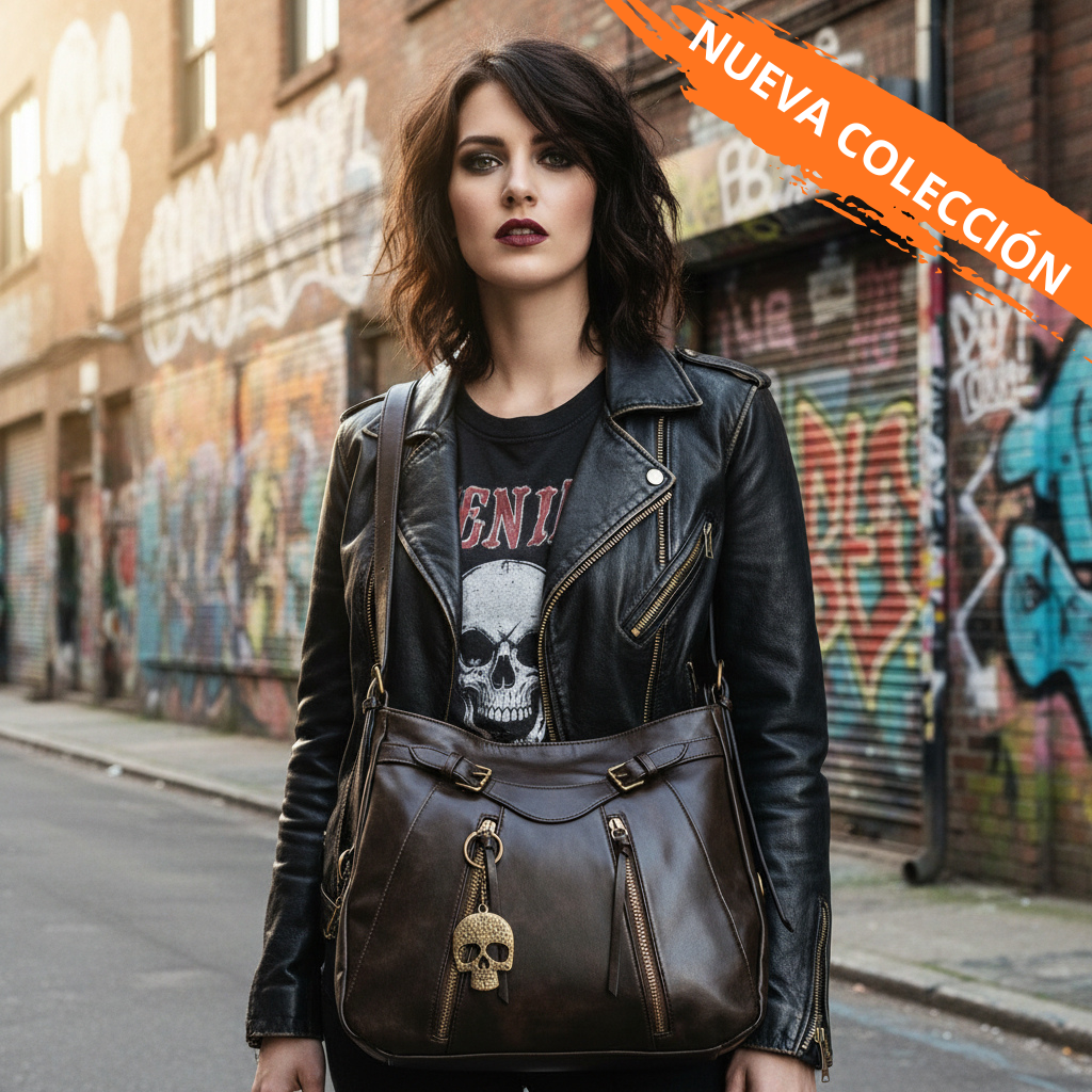 Bolso marrón oscuro Y2K con calavera y herrajes oro viejo