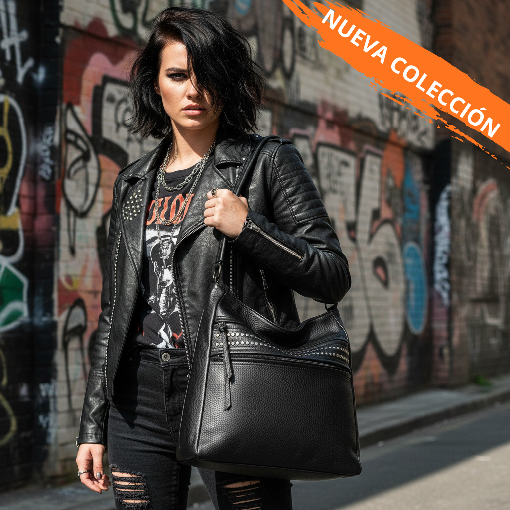 Bolso negro Y2K con cremalleras y detalles metálicos