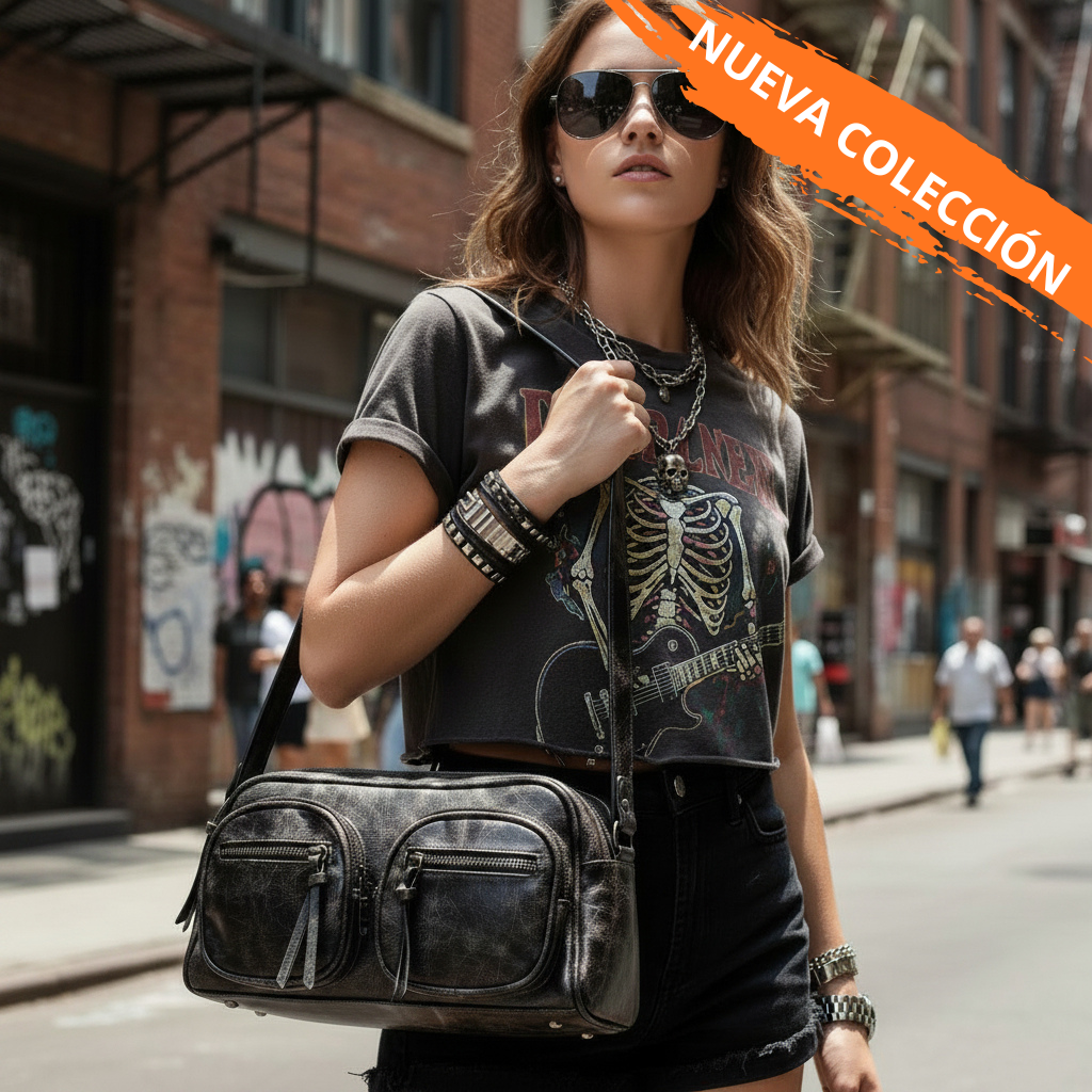 Bolso negro Y2K multibolsillos con detalles metálicos y correa ajustable